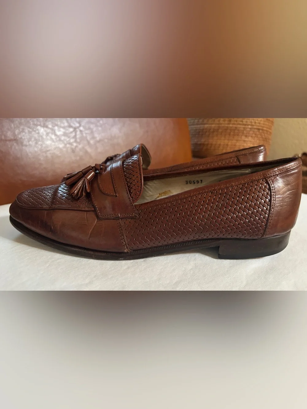 Vintage Florsheim Barletta Mens 9 3E Brown Leather Woven Tassel Loafers Italy